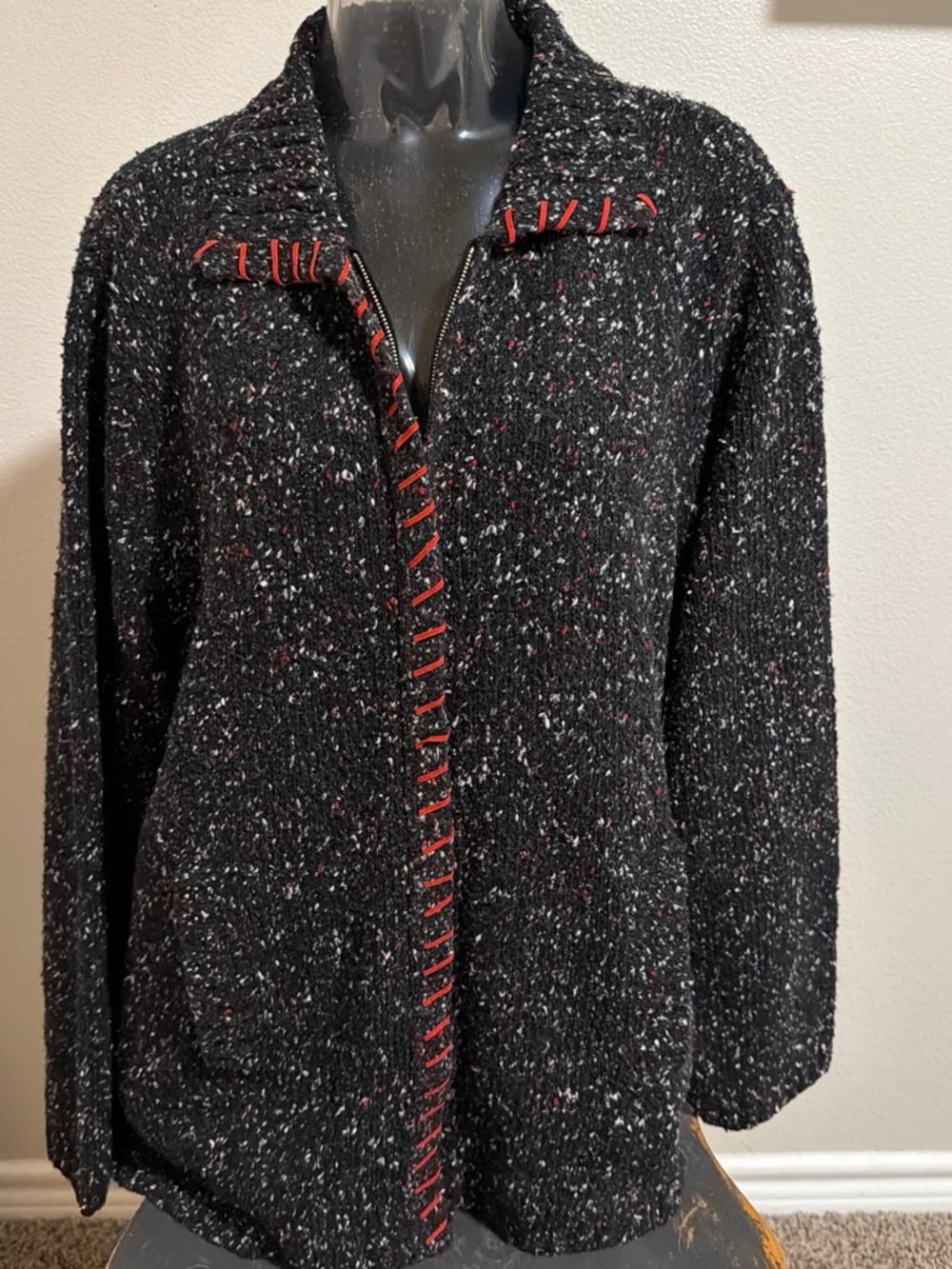 Liz Claiborne Black Speckled Knit Jacket with Red Accent Stitching